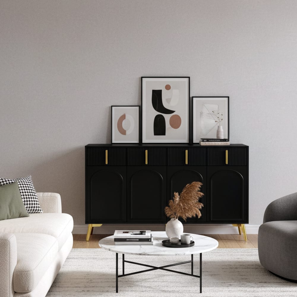 Urban Meuble Sideboard 4 Türen 4 Schubladen mit goldenen Griffen und Füßen, Schwarz style modern Schwarz Spanplatte