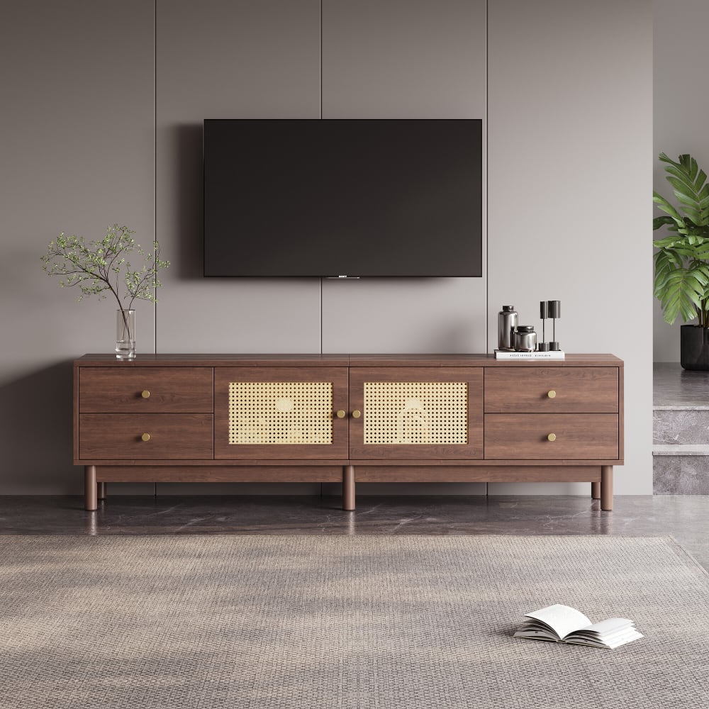Meuble TV style vintage effet bois noyer avec 2 portes en rotin