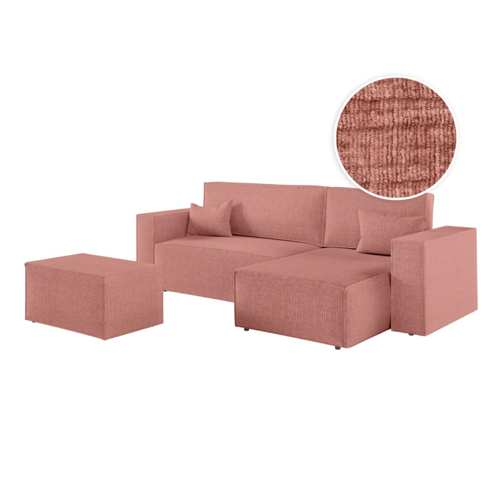 Canapé d'angle convertible avec pouf en tissu texturé 3D - Rose