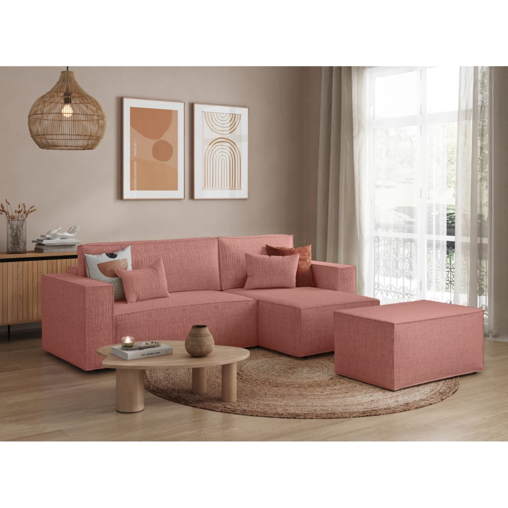 Canapé d'angle convertible avec pouf en tissu texturé 3D - Rose