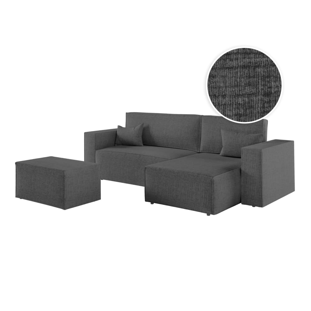 Canapé d'angle convertible avec pouf en tissu texturé 3D - Gris foncé