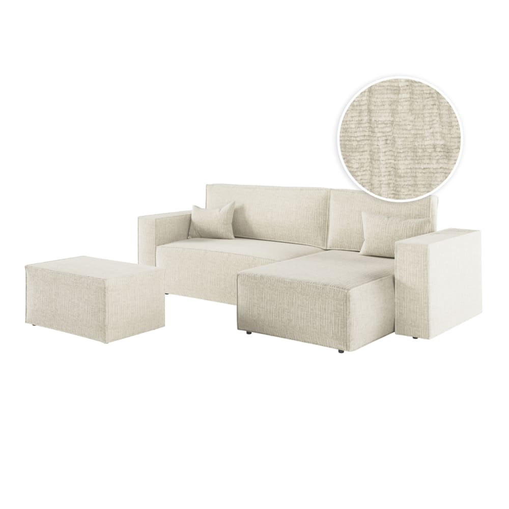 Canapé d'angle convertible avec pouf en tissu texturé 3D - Beige