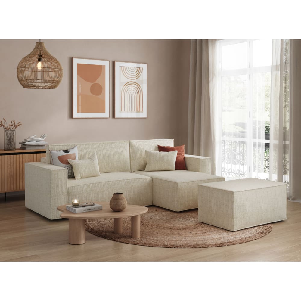Canapé d'angle convertible avec pouf en tissu texturé 3d - beige