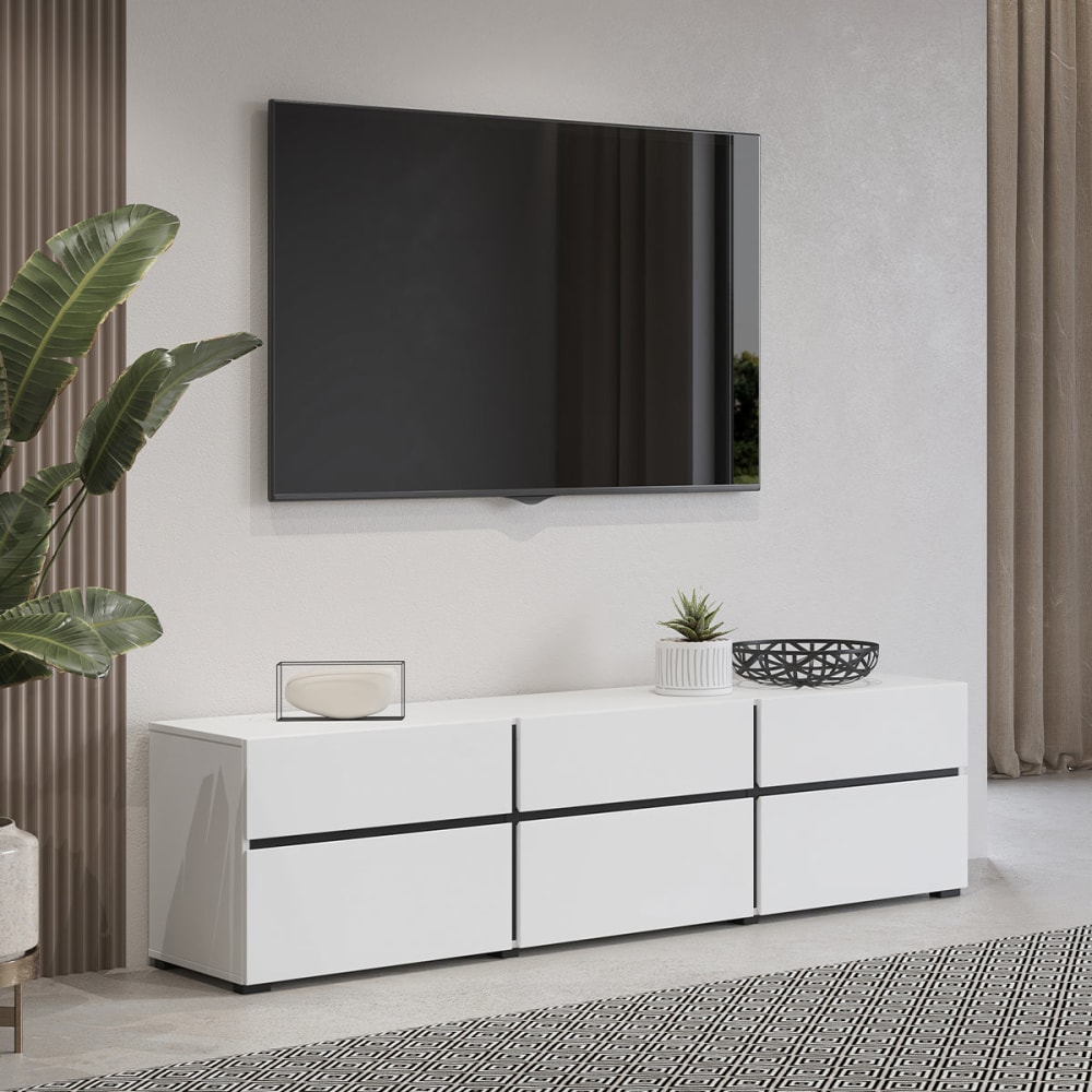 Meuble tv 3 portes 180 cm panneaux stratifiés blanc - Maisons du Monde