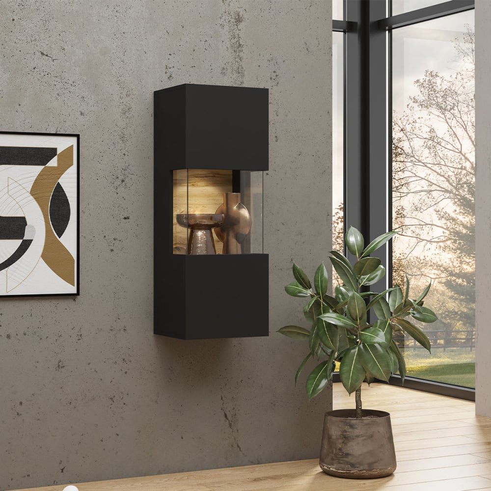 Vitrine murale 1 porte et bois panneaux hdf noir