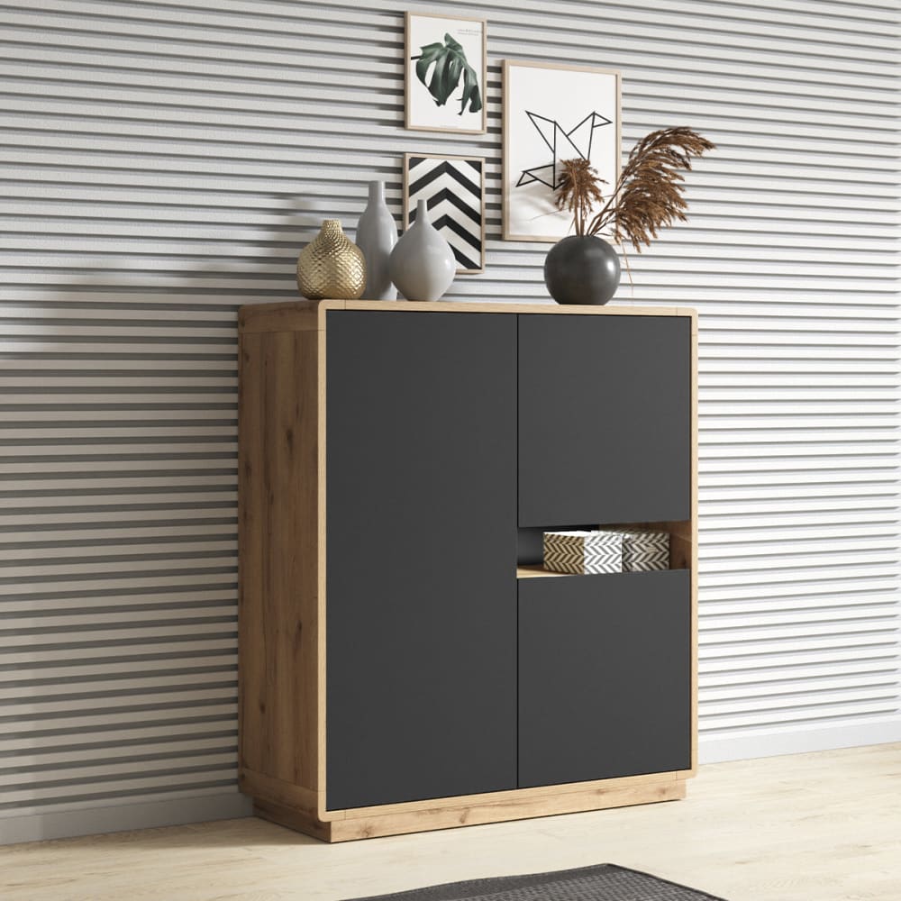 Highboard mit 3 Türen Schwarz HDF Mattschwarz und Holz - Maisons