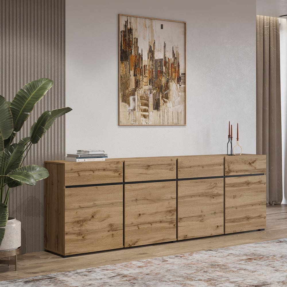 Buffet 4 portes 4 tiroirs panneaux stratifiés marron