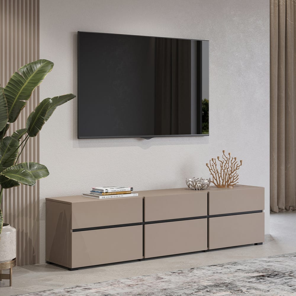 Meuble tv 3 portes 180 cm panneaux stratifiés taupe