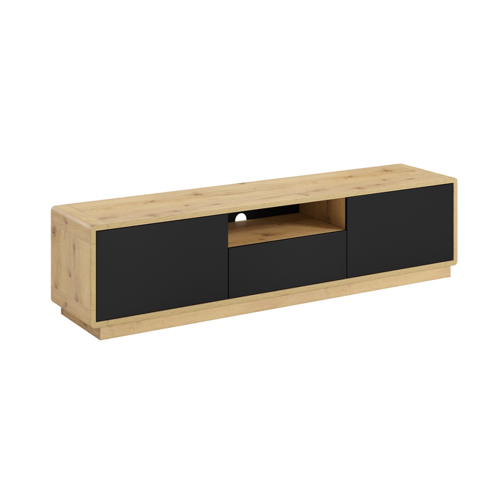 Meuble TV 2 portes 1 tiroir 180 cm stratifiés noir mat et beige