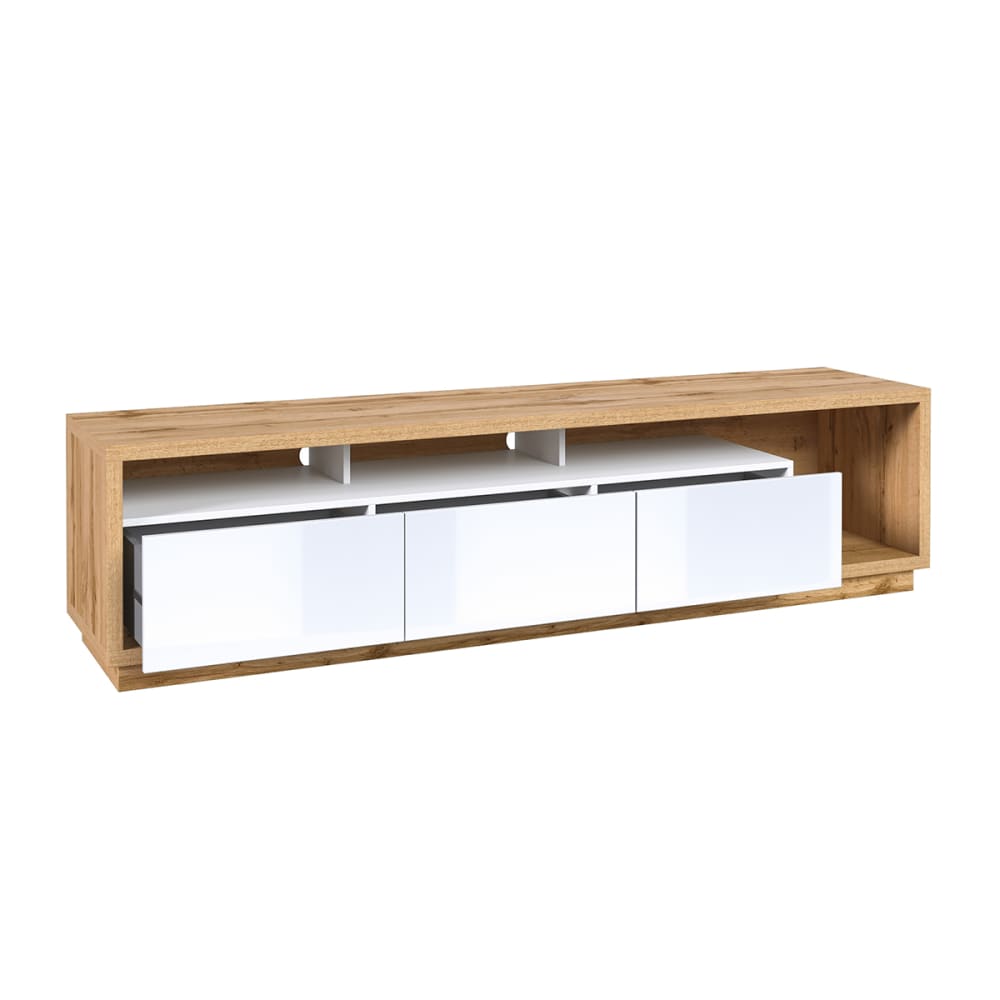 Meuble TV 3 tiroirs 200 cm stratifiés blanc et beige