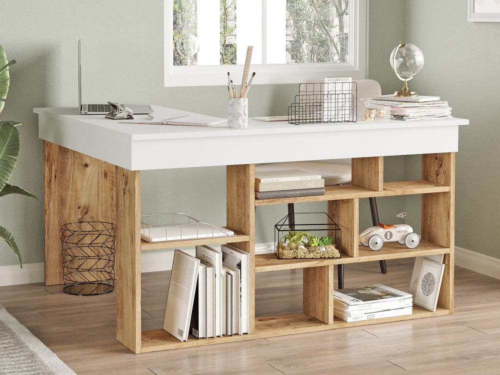 vente-unique.com Schreibtisch mit Regalen in Holzoptik und Weiß, L 180 cm style modern Beige Spanplatte