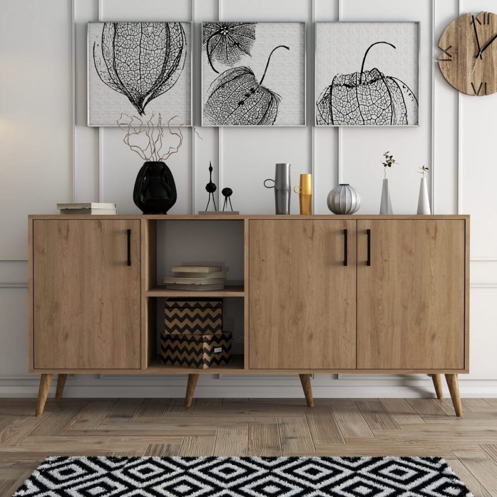 Buffet 3 portes et 2 niches ouvertes décor bois chêne l180 cm - Maisons du Monde