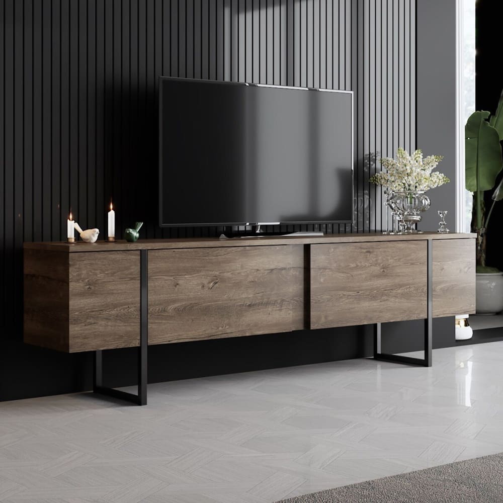 Meuble tv 2 portes rabattables l180 cm - noyer et noir - Maisons du Monde