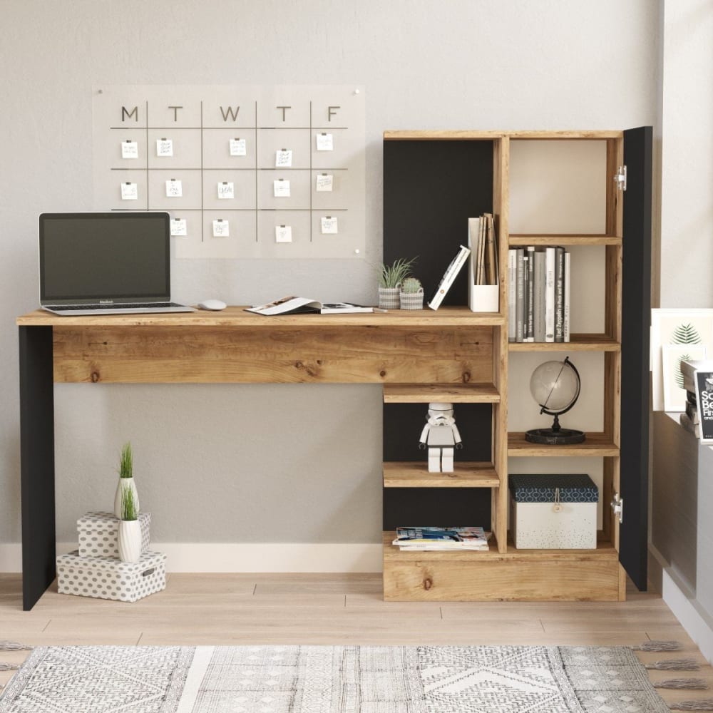 Bureau avec étagères 1 armoire h120 cm - noir/bois