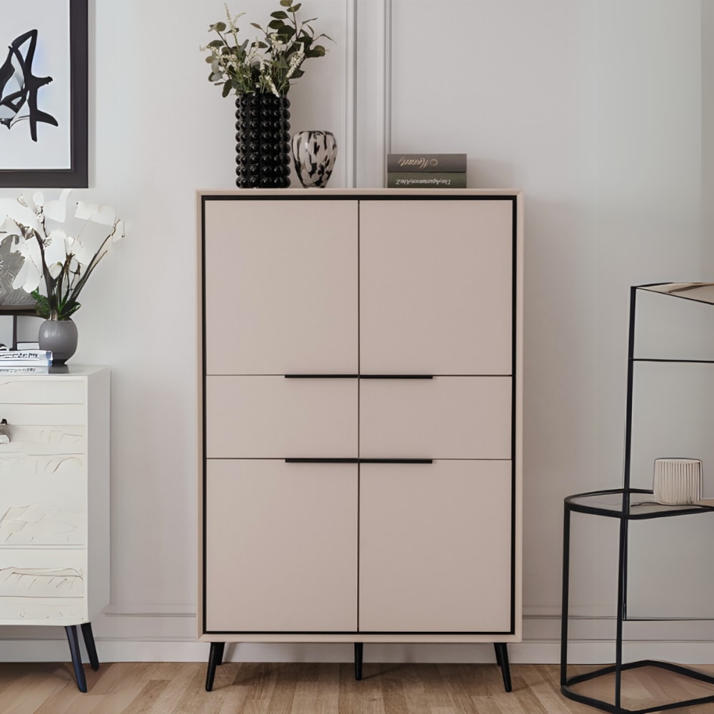 Buffet haut 4 portes et  2 tiroirs h140 cm - taupe et noir