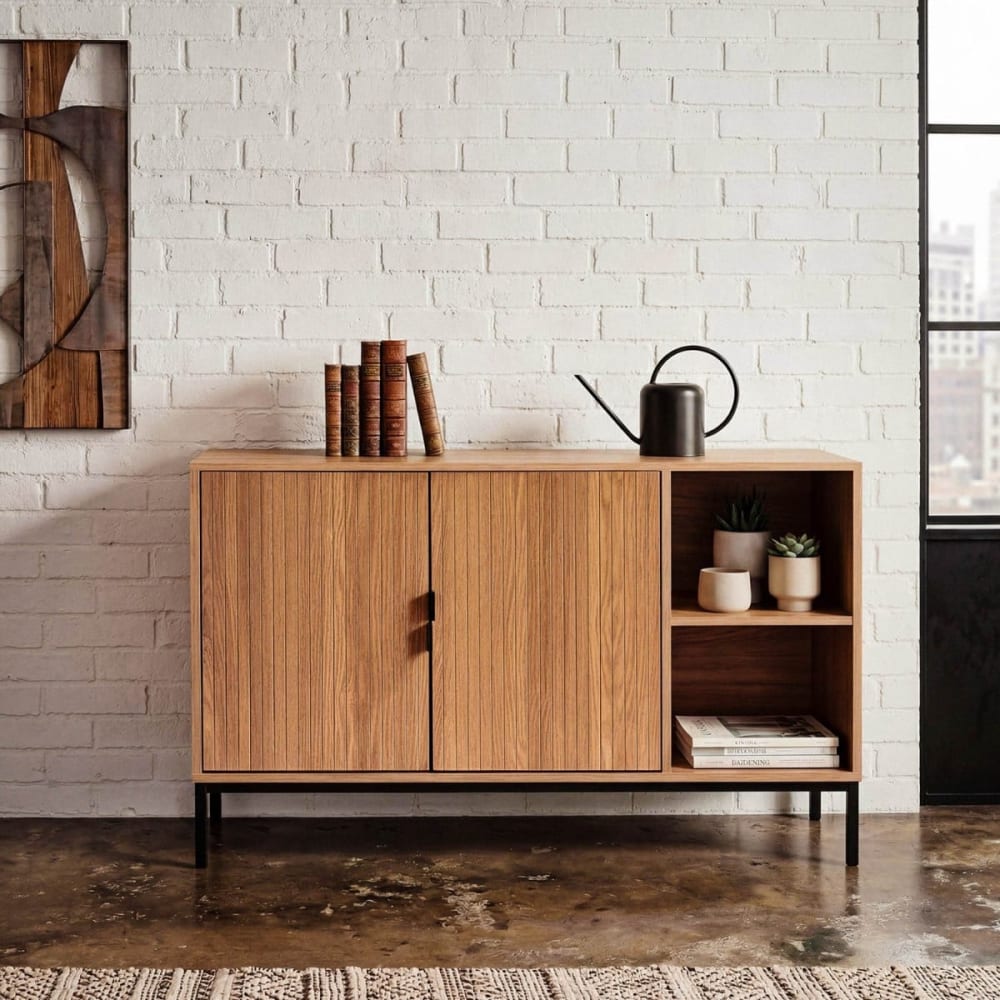 Buffet 2 portes 2 niches ouvertes effet bois rainuré l110 cm - Maisons du Monde