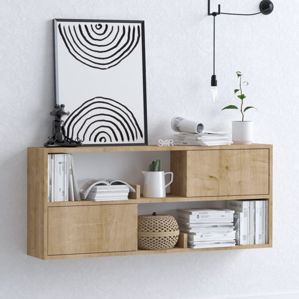 Etagère suspendue 2 portes 2 niches l120 cm - bois clair