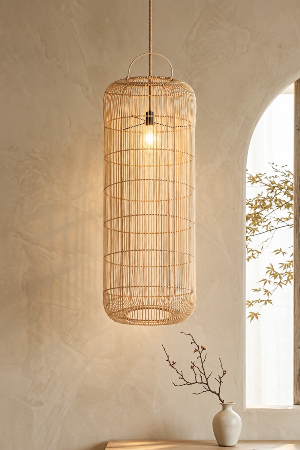 lampara colgante de ratan en marron 50x50x120 cm