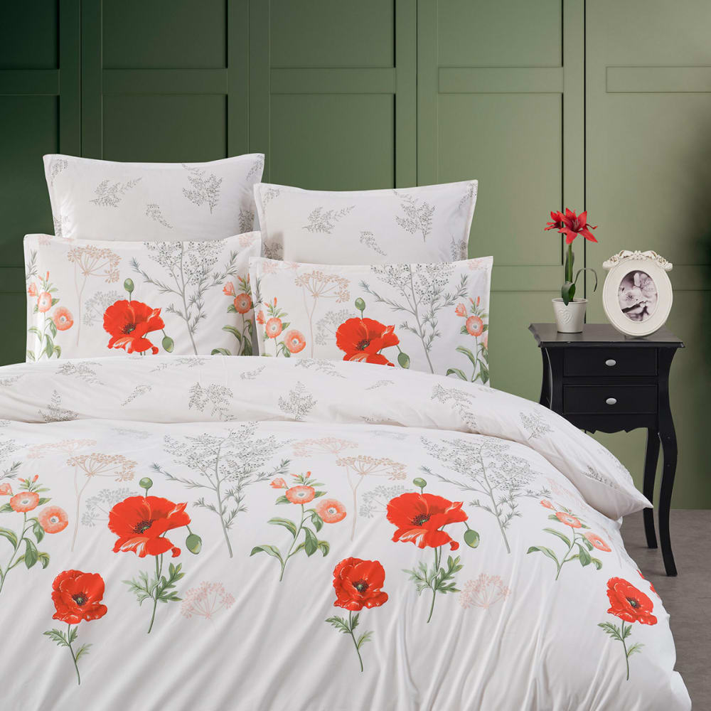 Housse de couette en percale de coton blanc motif rouge 200x200 cm