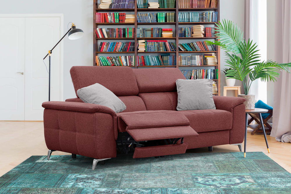 Canapé droit avec 2 relax électriques tissu rouge brique et gris