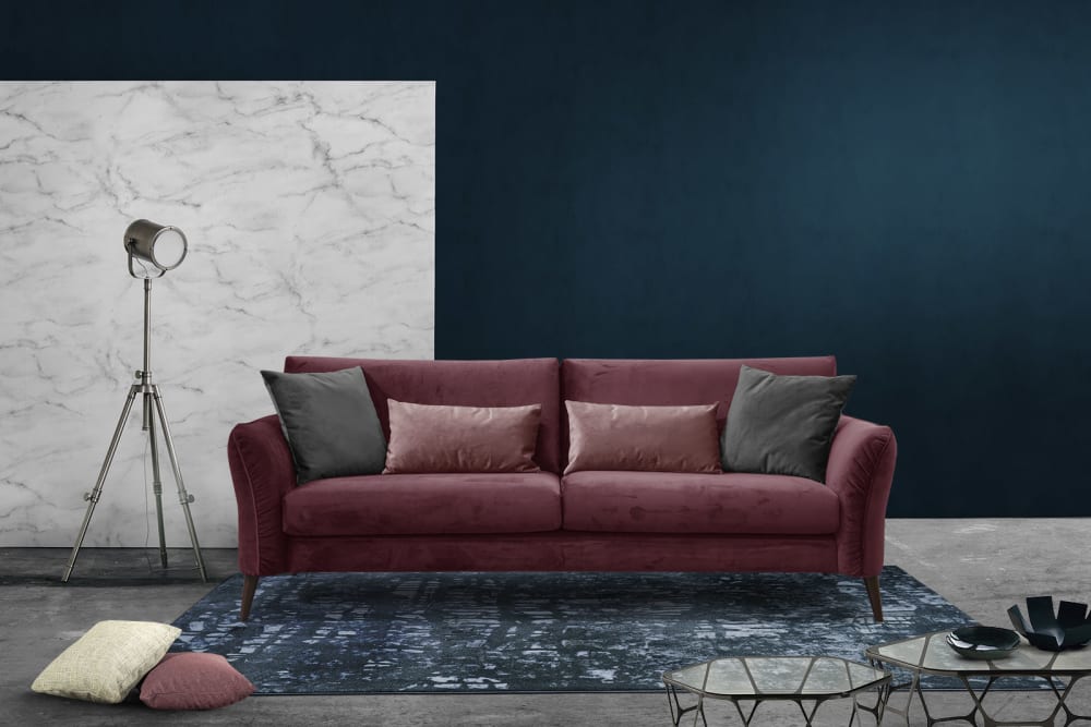 Canapé droit 3 places avec coussins tissu bordeaux - Maisons du Monde