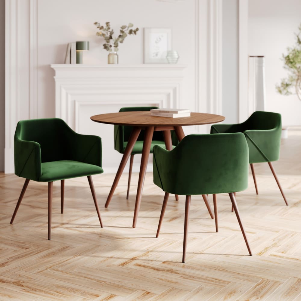 Tisch und Stühle für 4 Personen aus grünem Samt und Holz -