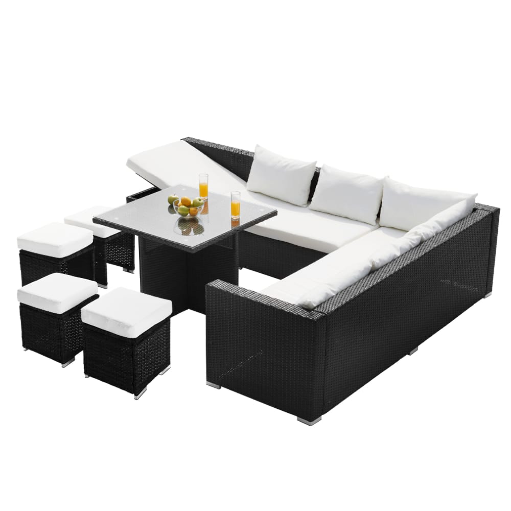 Salon de jardin encastrable 10 places noir en résine tressée