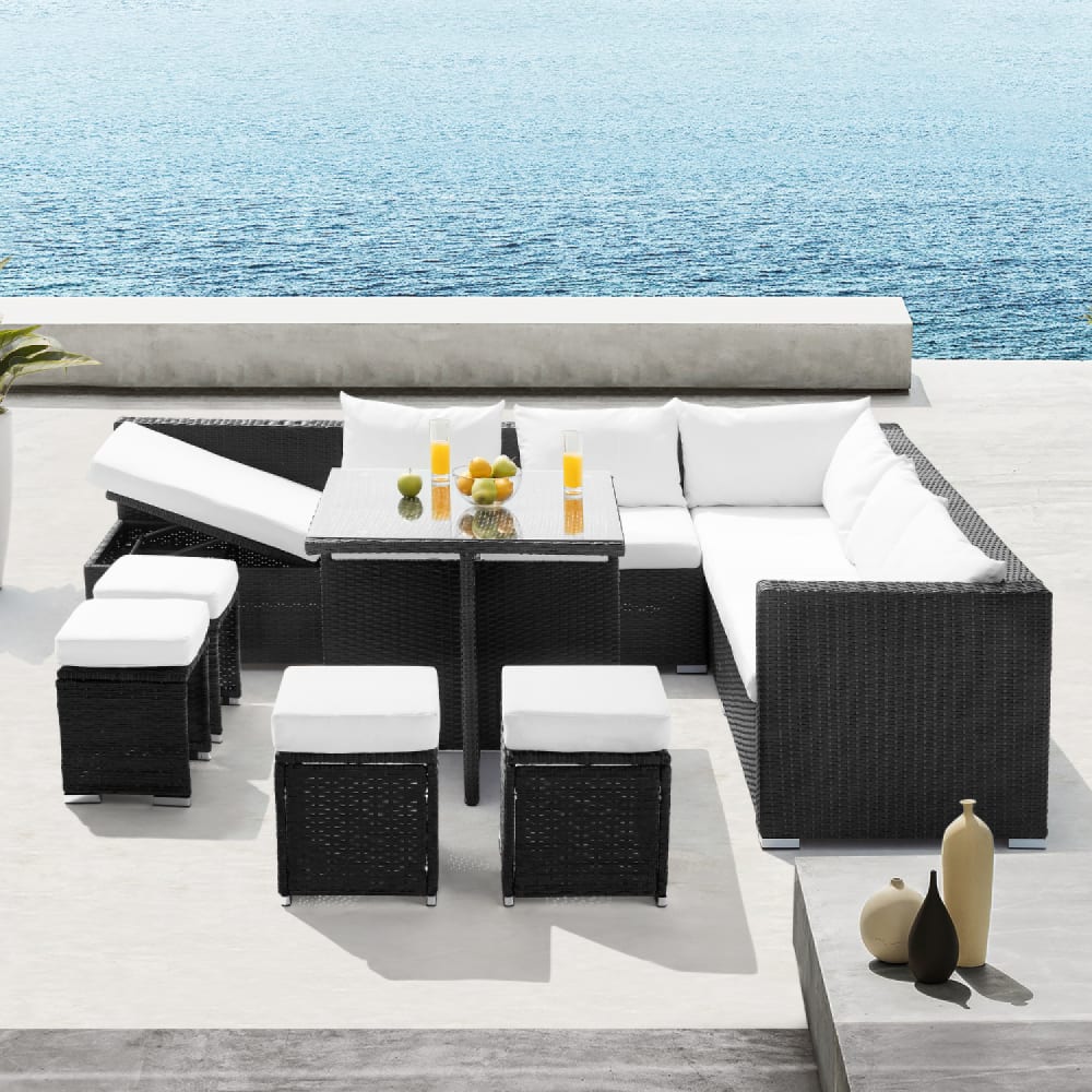Salon de jardin encastrable 10 places noir en résine tressée