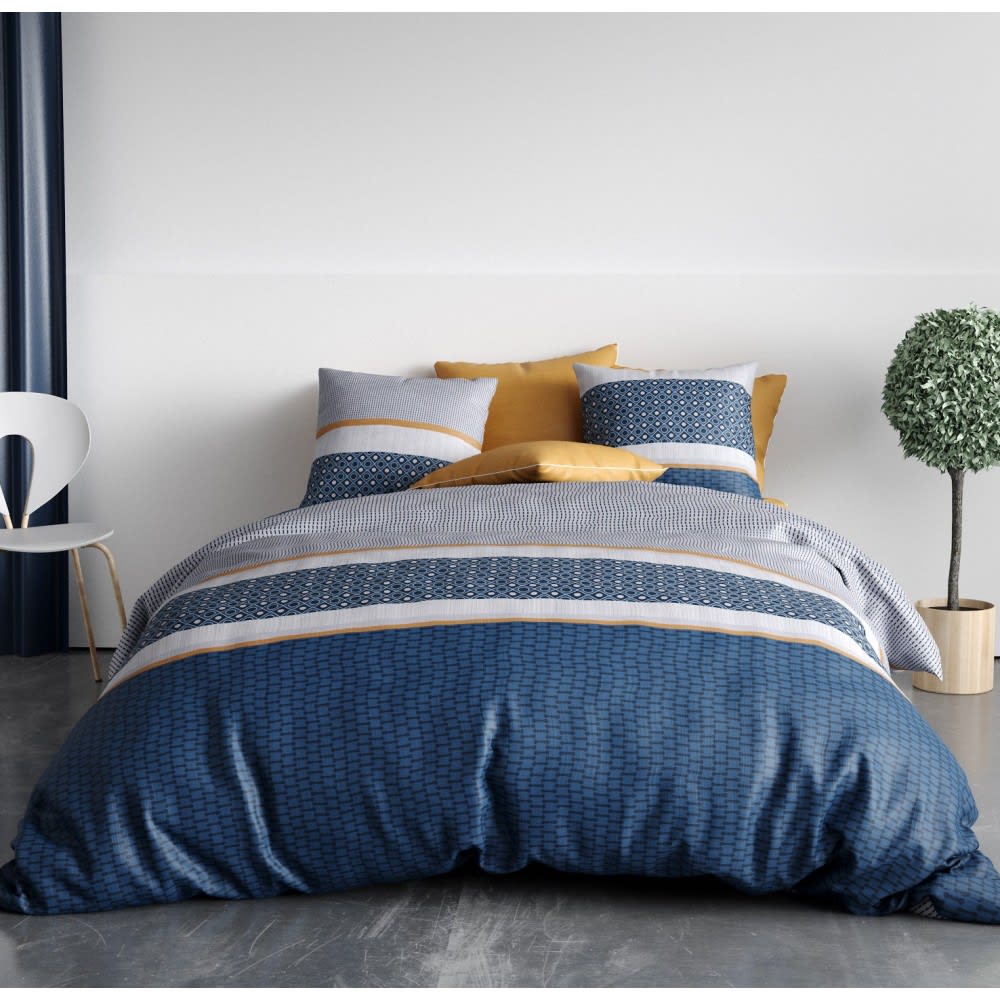 Atelier du coton Parure de couette en coton 260x240cm style classique chic Bleu