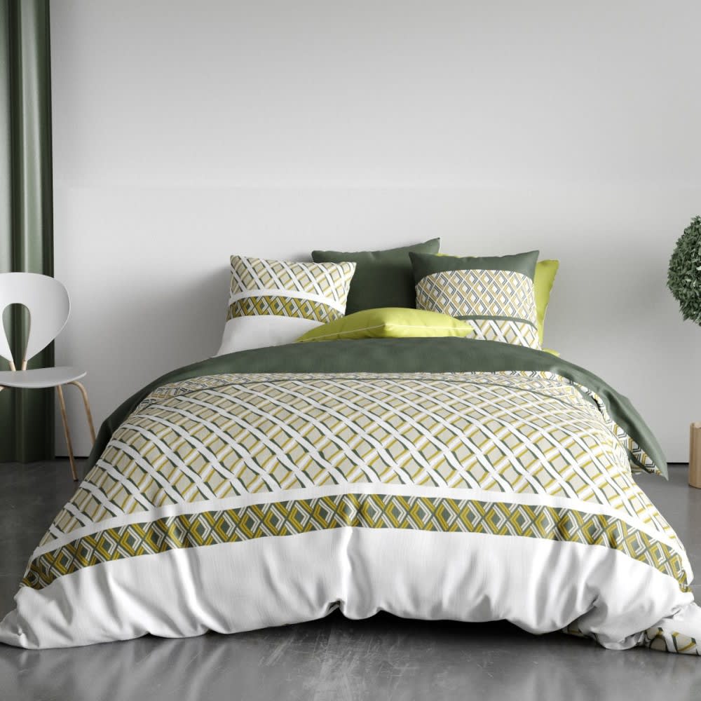 Atelier du coton Parure de couette en coton 260x240cm style classique chic Vert