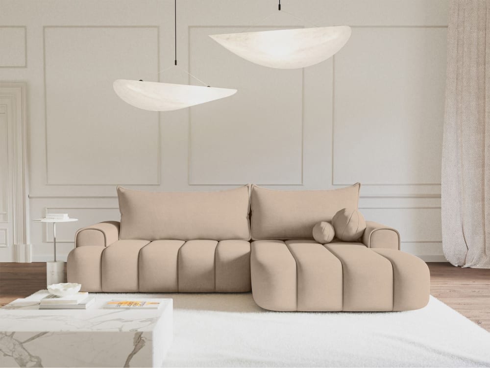 Canapé d'angle convertible côté droit en velours beige - Maisons du Monde