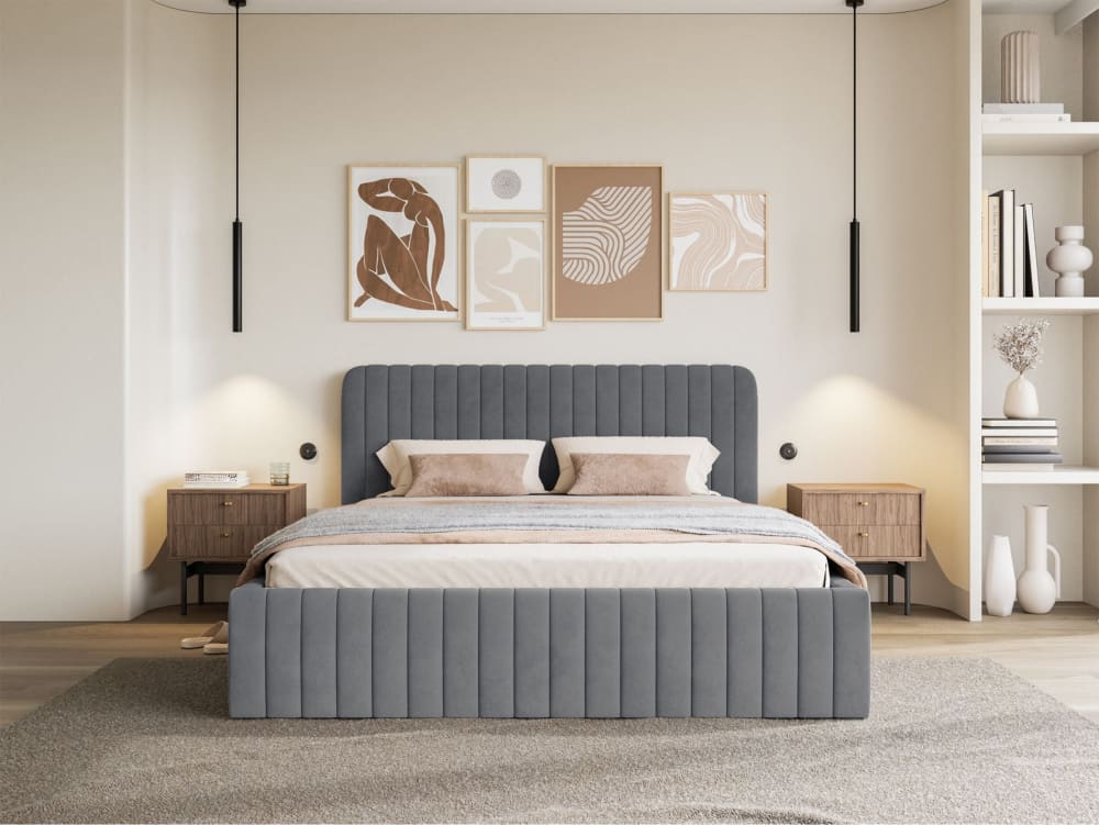 Polsterbett 140x200 mit Samtbezug und Stauraum, blau-grau -