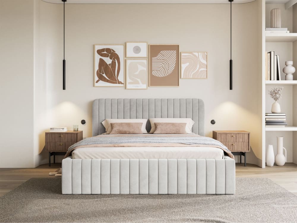 Polsterbett 160x200 mit Samtbezug und Stauraum, taubengrau -