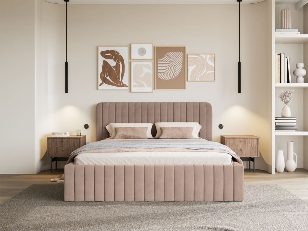 Polsterbett 160x200 mit Samtbezug und Stauraum, beige - Maisons