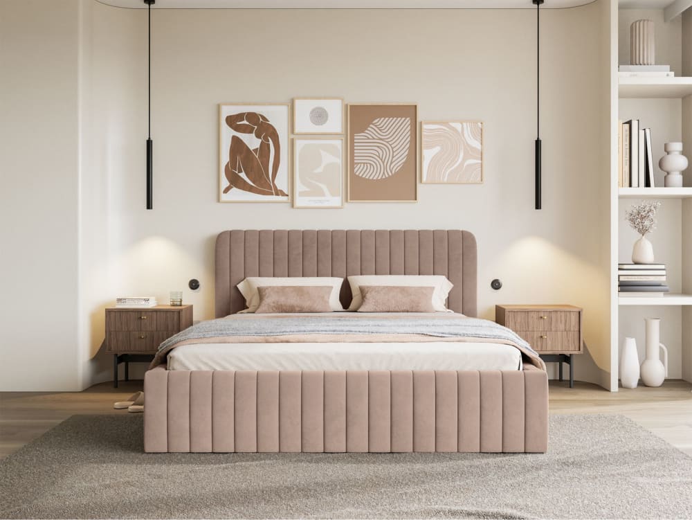 Lit capitonné double 140x200 en velours beige