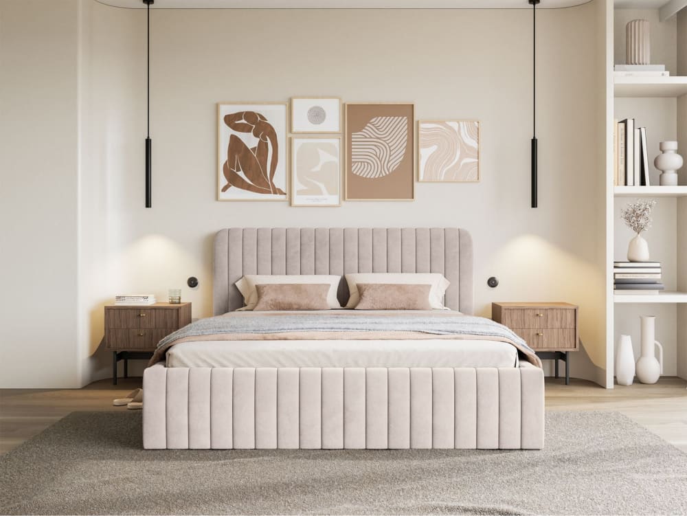 Polsterbett 140x200 mit Samtbezug und Stauraum, grau-beige -