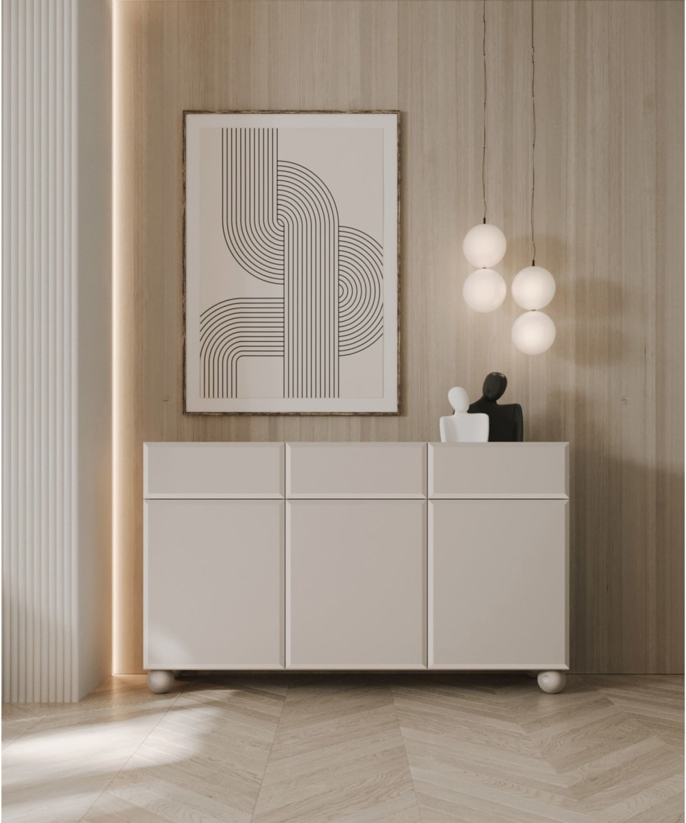 Sideboard 3-türig auf Kugelfüßen mit drei Schubladen, beige 150