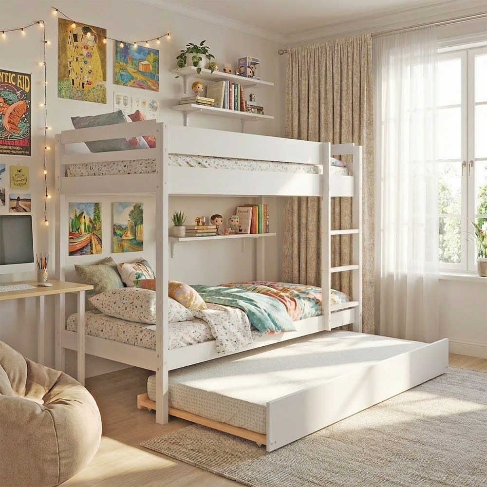 Lit superposé blanc avec 2 sommiers et 1 lit tiroir 90x190 cm