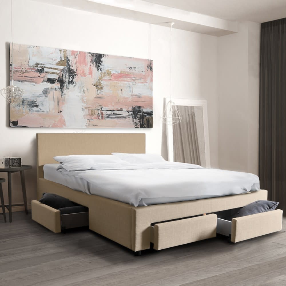 Lit avec sommier et 4 tiroirs, beige, 140x190 cm - Maisons du Monde