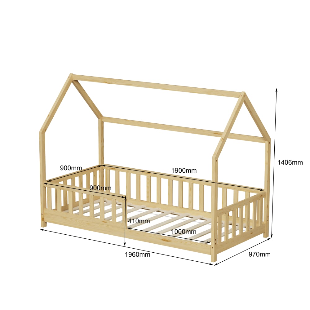 Lit cabane avec barrière Bois   (matelas non inclus) 90x190 cm (MINEA) - Image 1