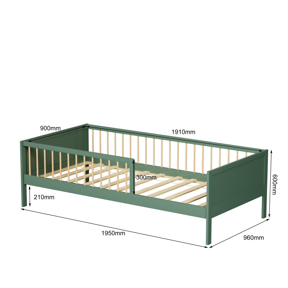 Lit avec barrière Vert   (matelas non inclus) 90x190 cm (MINEA) - Image 1