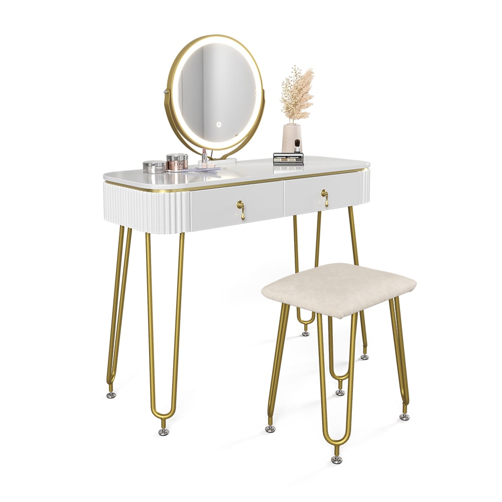 Coiffeuse avec éclairage LED et tabouret, Blanc 100 x 126cm