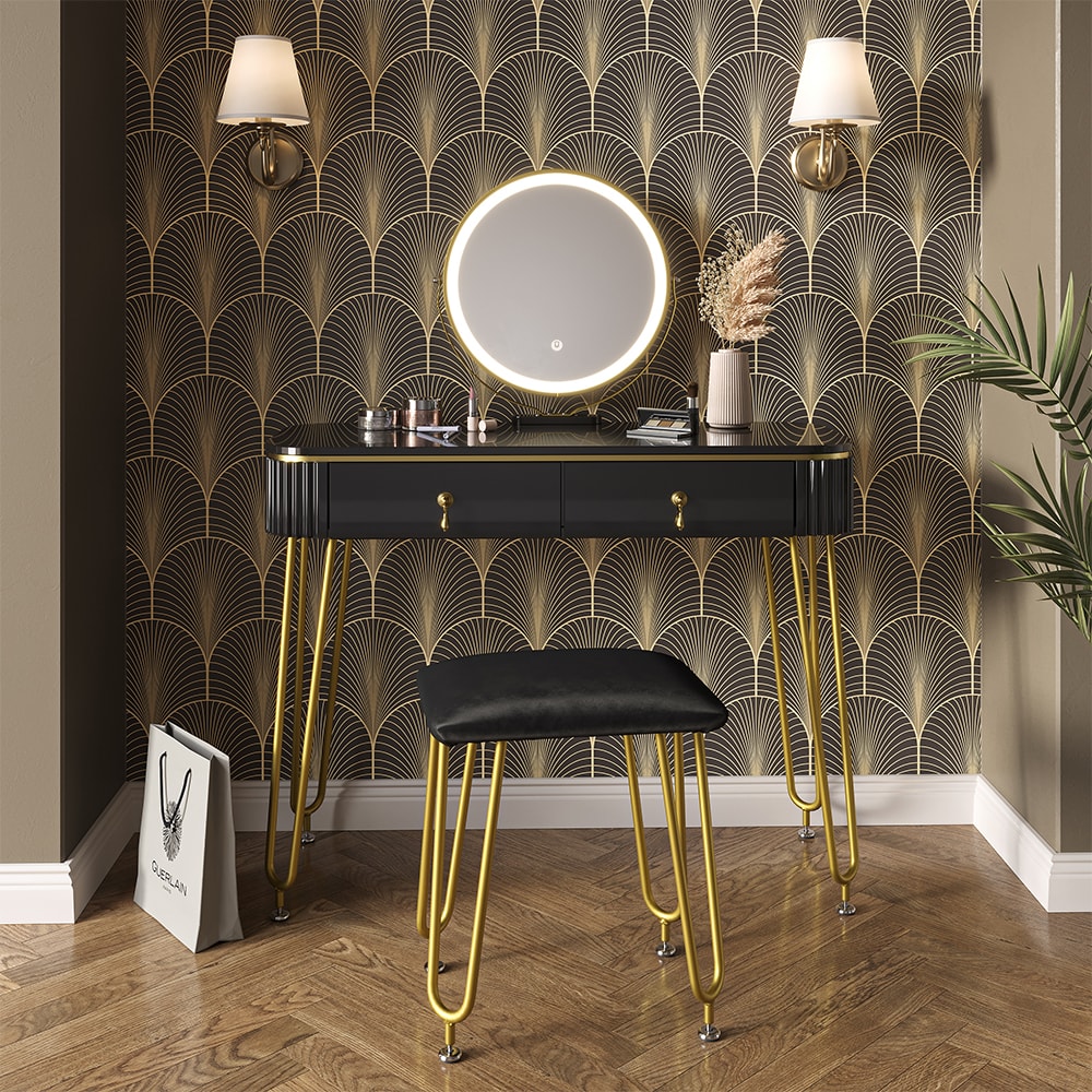Coiffeuse avec éclairage LED et tabouret, Noir 100 x 126cm