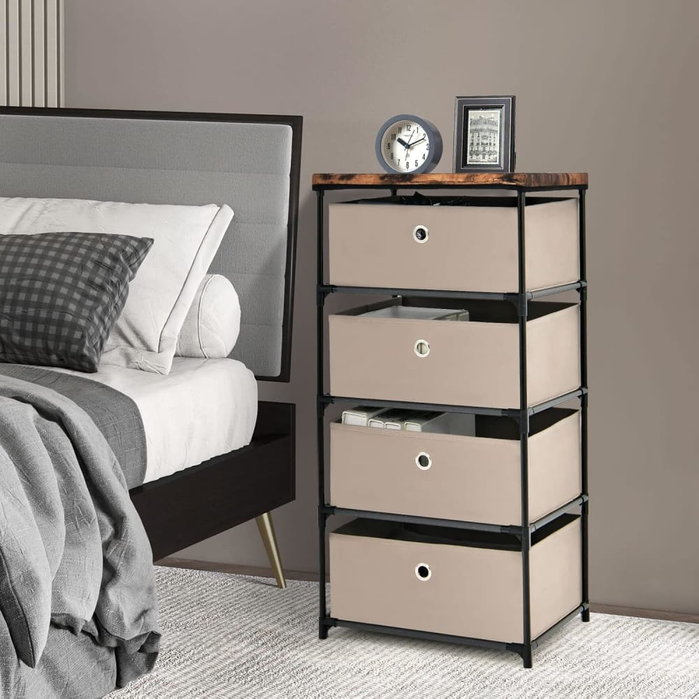 Commode de rangement 4 tiroirs cadre métallique pliables café