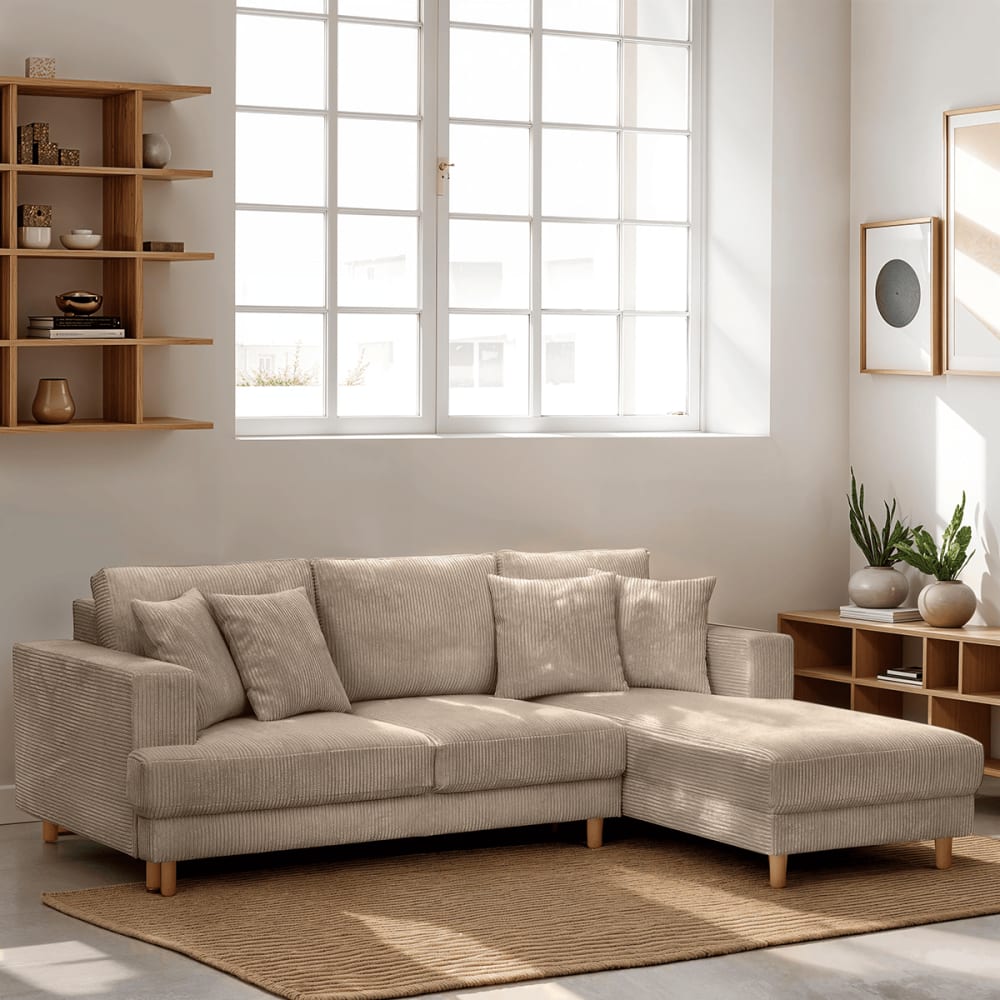 Canapé d'angle à droite convertible 4 places en velours côtelé taupe