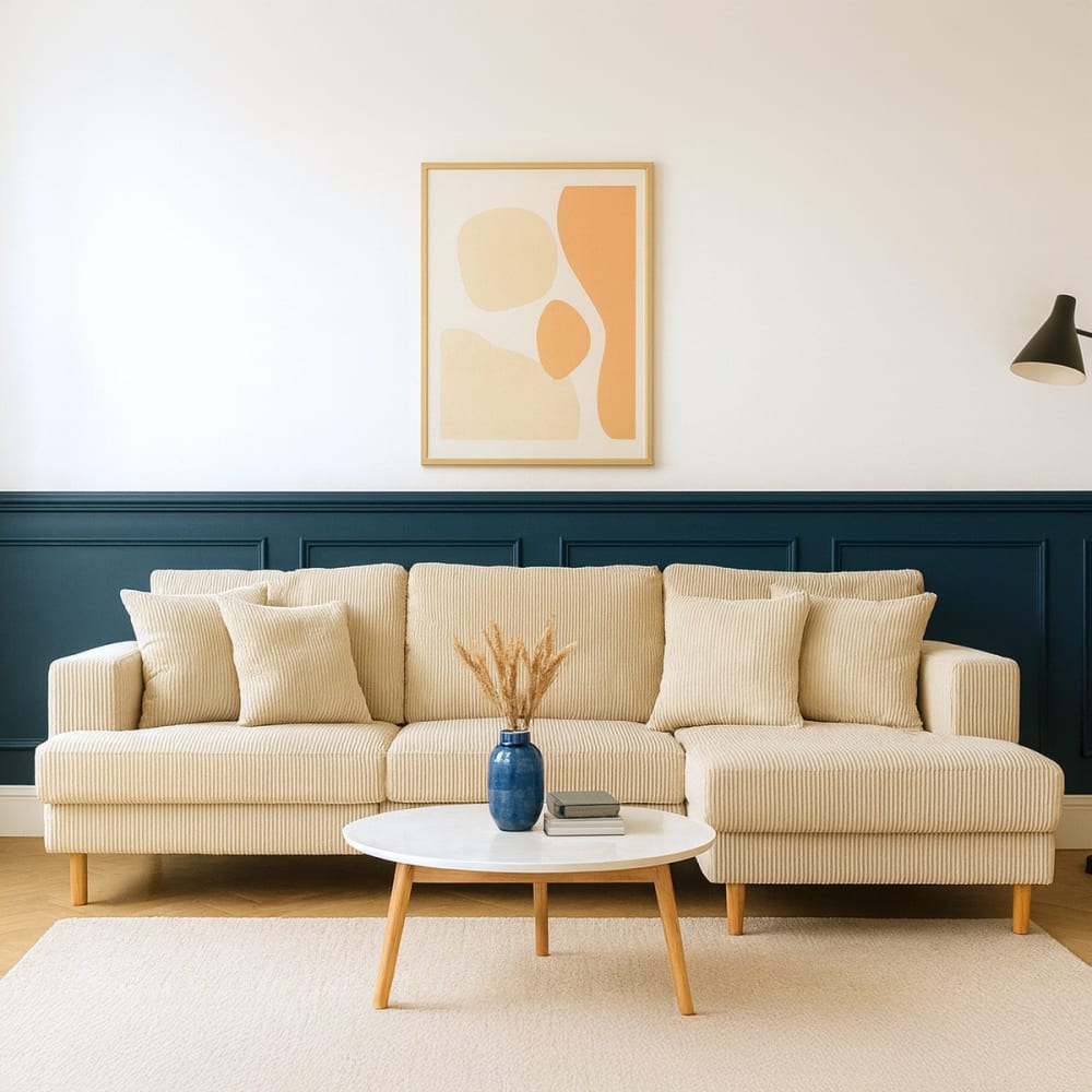 Canapé d'angle à droite convertible 4 places en velours côtelé beige