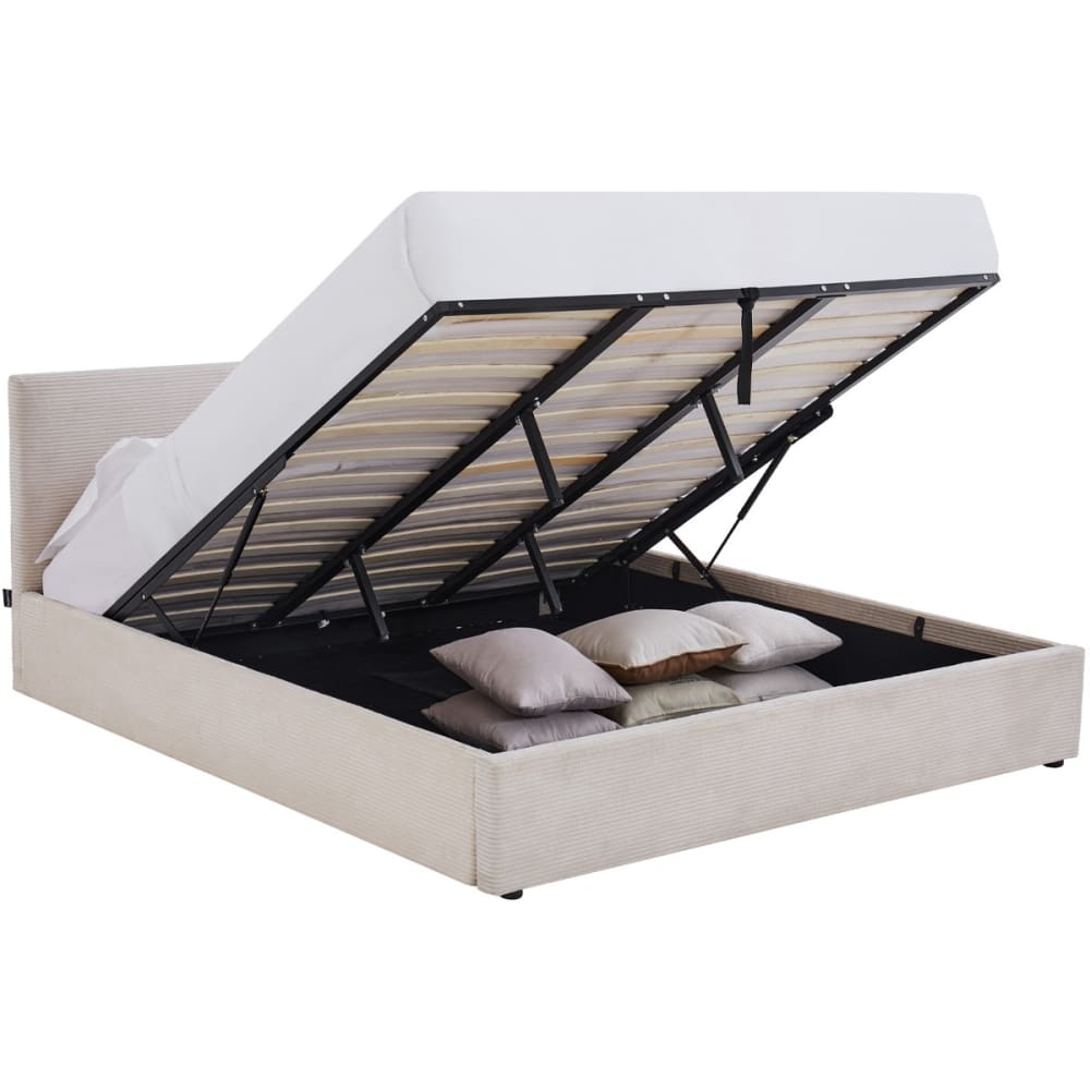 Lit coffre 180x200 cm avec tête de lit en velours côtelé beige