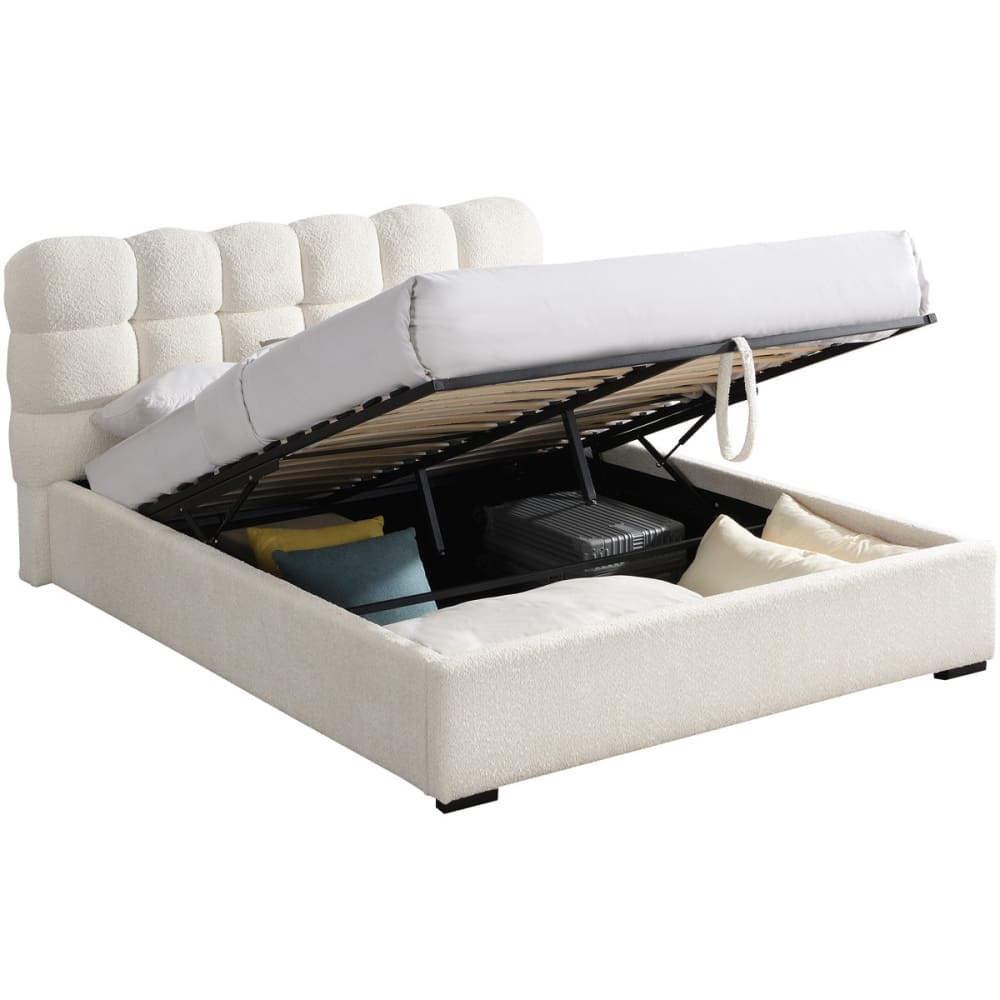Lit coffre 180x200 cm avec tête de lit en tissu bouclé beige