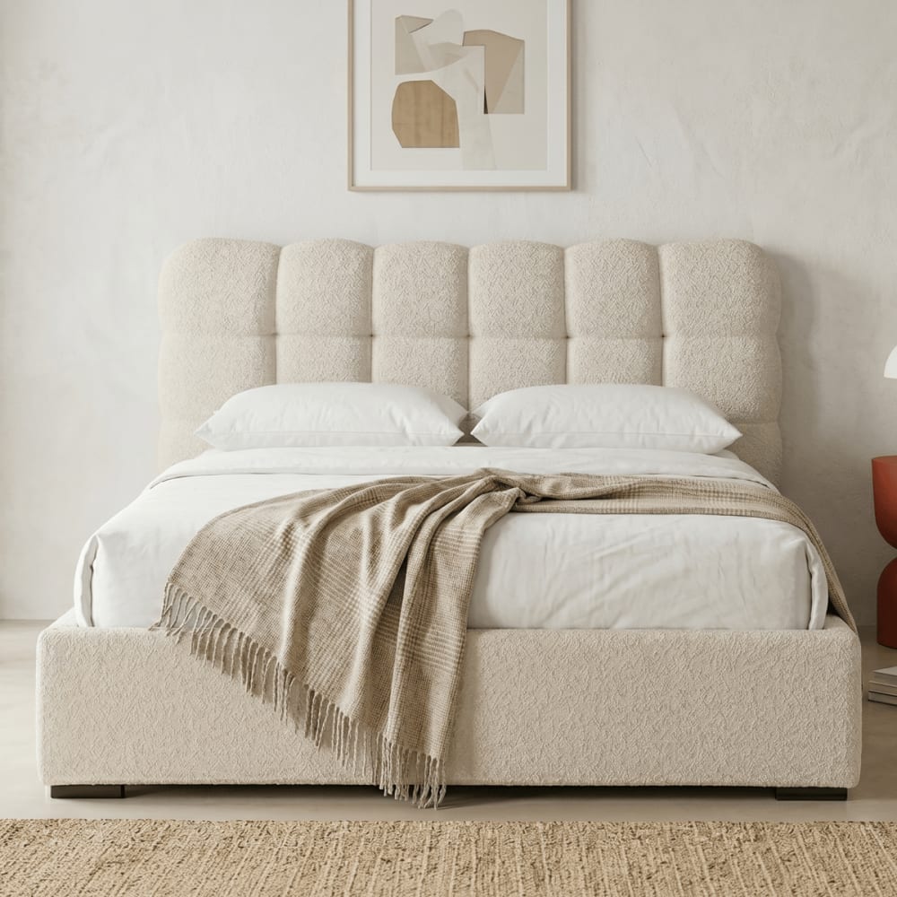 Lit coffre 180x200 cm avec tête de lit en tissu bouclé beige - Maisons du Monde