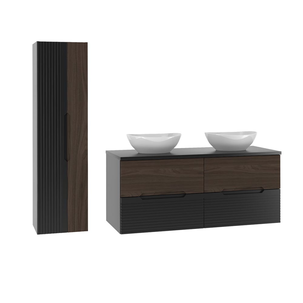 Ensemble meuble double vasque colonne stratifiés marron et noir